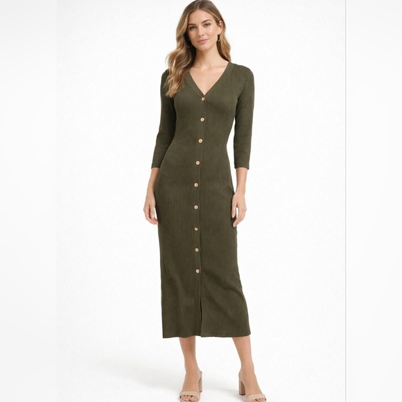 New York & Company Dresses & Skirts - New York & Company Olive Long Sleeve Ribbed Dress